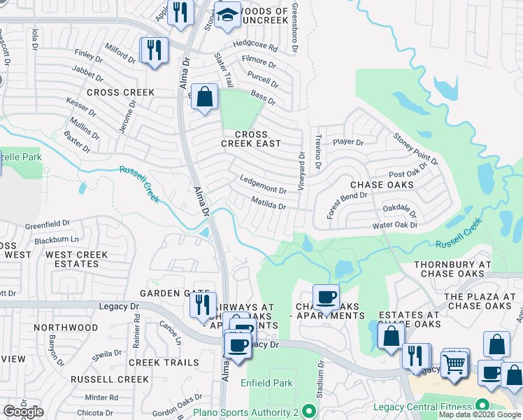 map of restaurants, bars, coffee shops, grocery stores, and more near 7313 Elizabeth Place in Plano