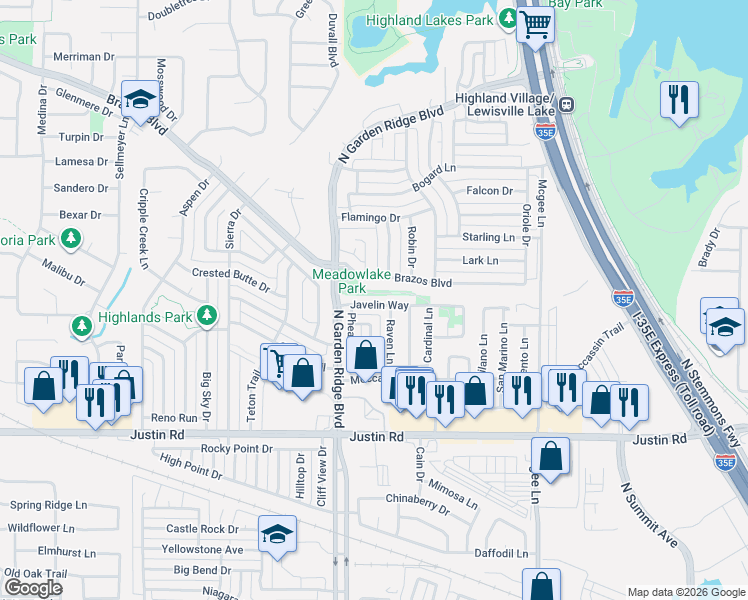 map of restaurants, bars, coffee shops, grocery stores, and more near 1437 Javelin Way in Lewisville