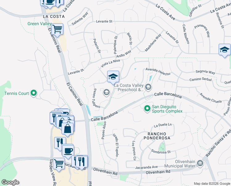 map of restaurants, bars, coffee shops, grocery stores, and more near 2218 Paseo Saucedal in Carlsbad