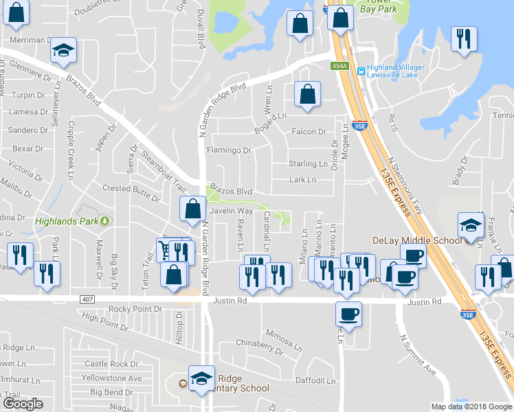 map of restaurants, bars, coffee shops, grocery stores, and more near 1421 Javelin Way in Lewisville