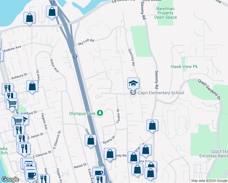 map of restaurants, bars, coffee shops, grocery stores, and more near 838 Capri Road in Encinitas