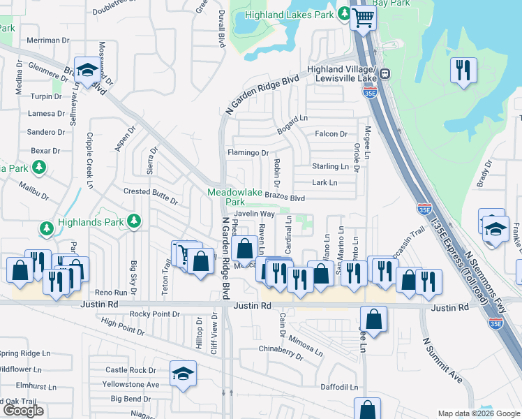 map of restaurants, bars, coffee shops, grocery stores, and more near 1437 Javelin Way in Lewisville