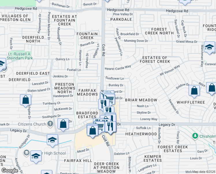 map of restaurants, bars, coffee shops, grocery stores, and more near 3952 Burnley Drive in Plano