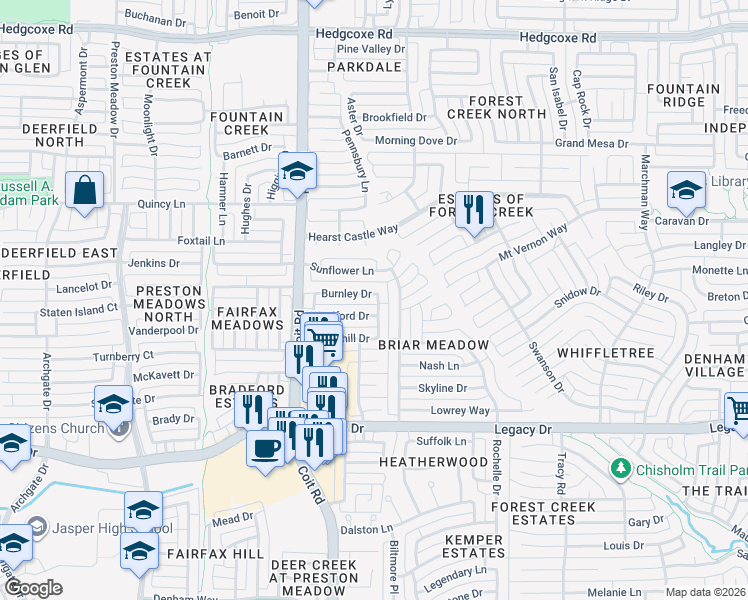 map of restaurants, bars, coffee shops, grocery stores, and more near 7409 Ridgemoor Lane in Plano
