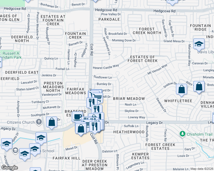 map of restaurants, bars, coffee shops, grocery stores, and more near 3916 Burnley Dr in Plano