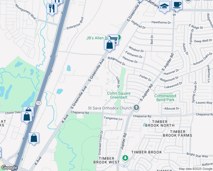 map of restaurants, bars, coffee shops, grocery stores, and more near 17 Brewster Court in Allen