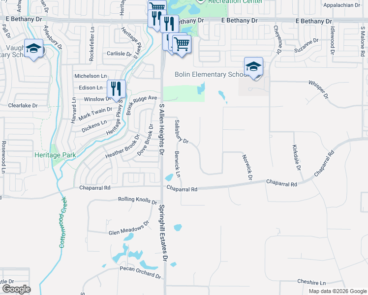 map of restaurants, bars, coffee shops, grocery stores, and more near 5305 Berwick Lane in Allen