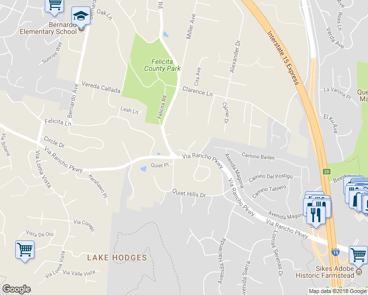 map of restaurants, bars, coffee shops, grocery stores, and more near 672 Via Rancho Parkway in Escondido