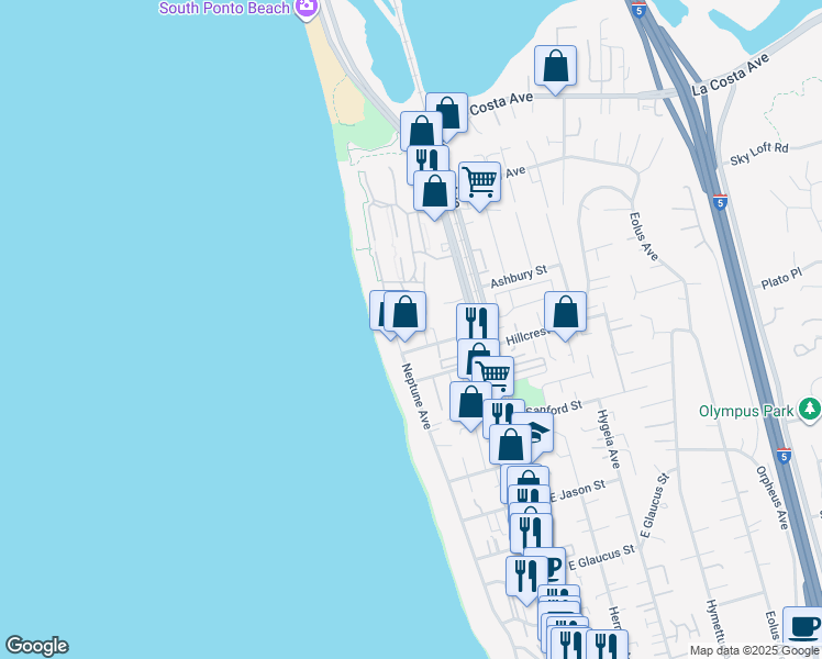 map of restaurants, bars, coffee shops, grocery stores, and more near 1691 Neptune Avenue in Encinitas
