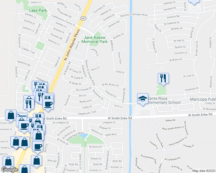map of restaurants, bars, coffee shops, grocery stores, and more near 43381 West Rio Bravo Drive in Maricopa