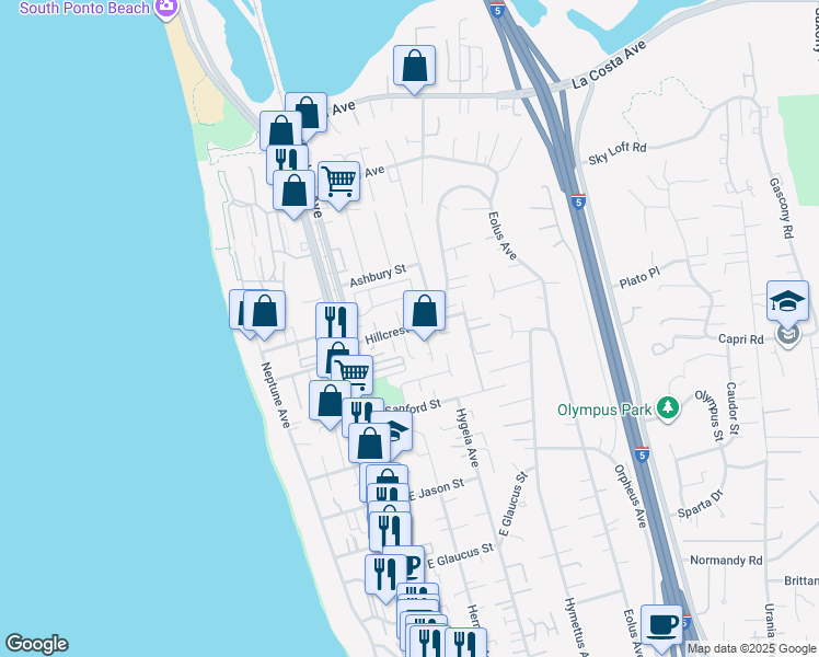 map of restaurants, bars, coffee shops, grocery stores, and more near 260 Hillcrest Drive in Encinitas