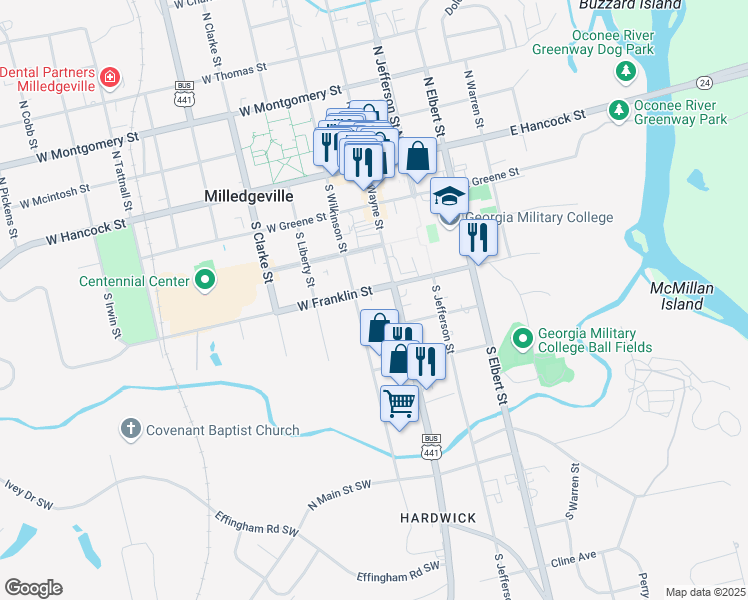 map of restaurants, bars, coffee shops, grocery stores, and more near 425 South Wayne Street in Milledgeville