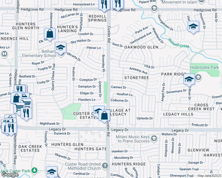 map of restaurants, bars, coffee shops, grocery stores, and more near 2144 Cannes Drive in Plano