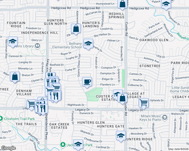 map of restaurants, bars, coffee shops, grocery stores, and more near 7308 Blazer Drive in Plano