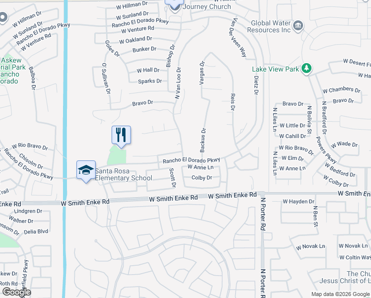 map of restaurants, bars, coffee shops, grocery stores, and more near 21601 North Van Loo Drive in Maricopa