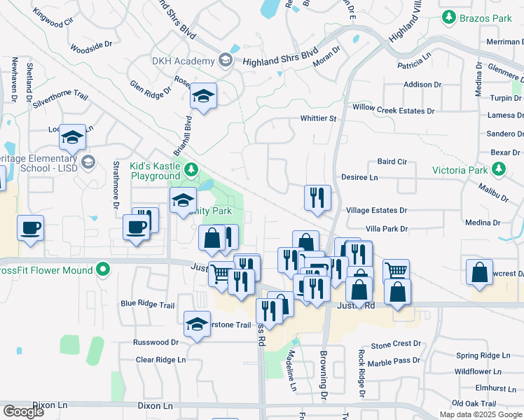 map of restaurants, bars, coffee shops, grocery stores, and more near 2005 Highland Forest Drive in Highland Village