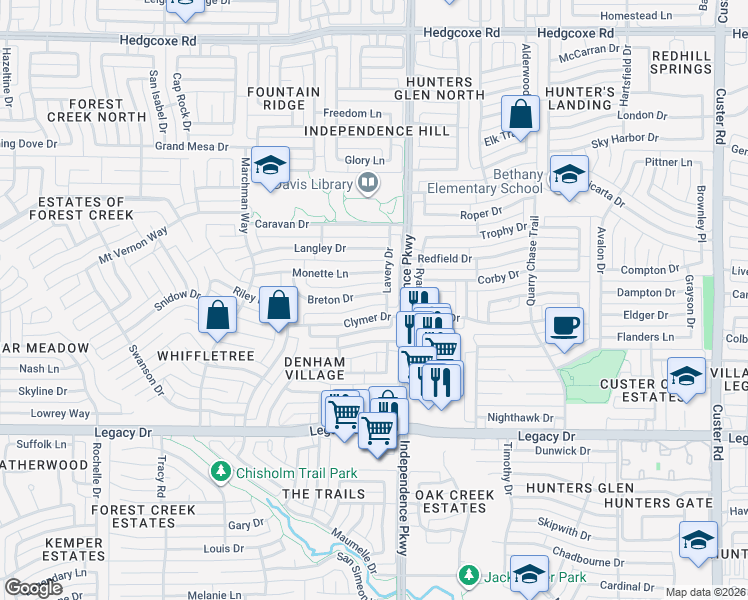 map of restaurants, bars, coffee shops, grocery stores, and more near 3104 Breton Drive in Plano