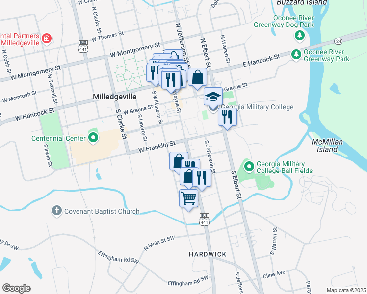 map of restaurants, bars, coffee shops, grocery stores, and more near 425 South Wayne Street in Milledgeville