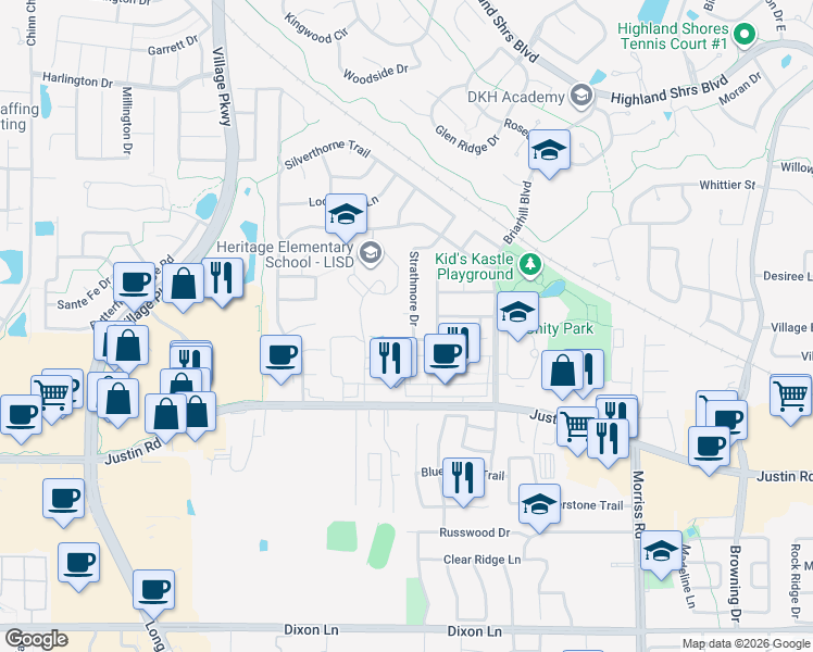 map of restaurants, bars, coffee shops, grocery stores, and more near 2105 Strathmore Drive in Highland Village