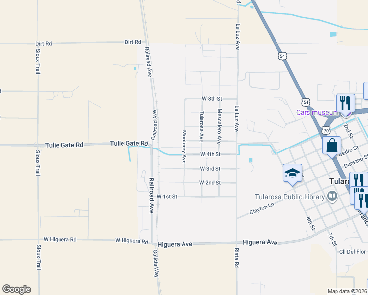 map of restaurants, bars, coffee shops, grocery stores, and more near 1400 Monterey Ave in Tularosa