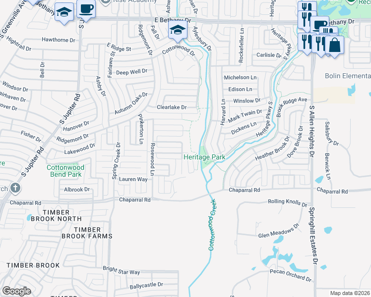 map of restaurants, bars, coffee shops, grocery stores, and more near 1303 Red Tip Drive in Allen