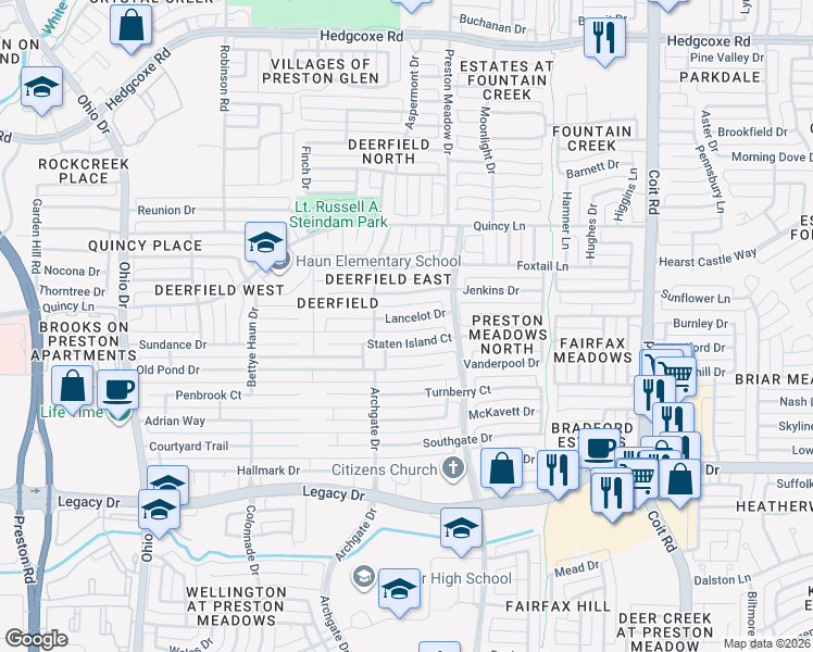 map of restaurants, bars, coffee shops, grocery stores, and more near 4528 Lancelot Drive in Plano