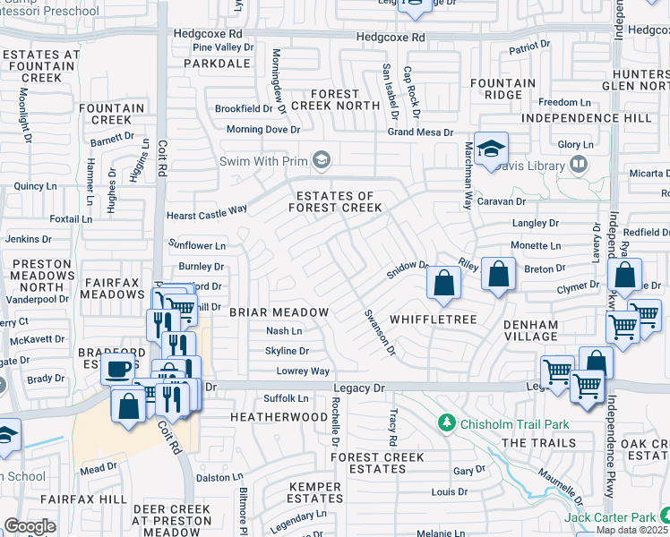 map of restaurants, bars, coffee shops, grocery stores, and more near 3700 Gwinn Court in Plano