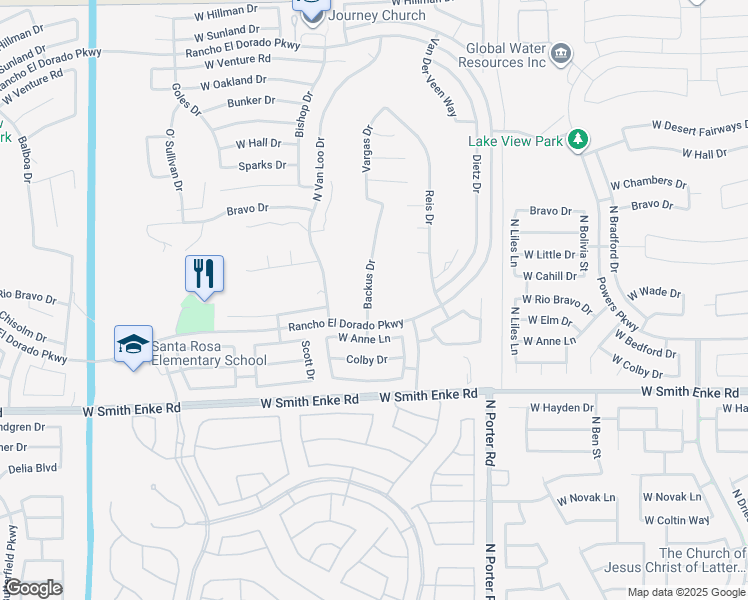 map of restaurants, bars, coffee shops, grocery stores, and more near 21603 Backus Drive in Maricopa