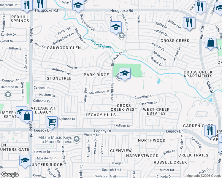 map of restaurants, bars, coffee shops, grocery stores, and more near 1701 Red River Drive in Plano