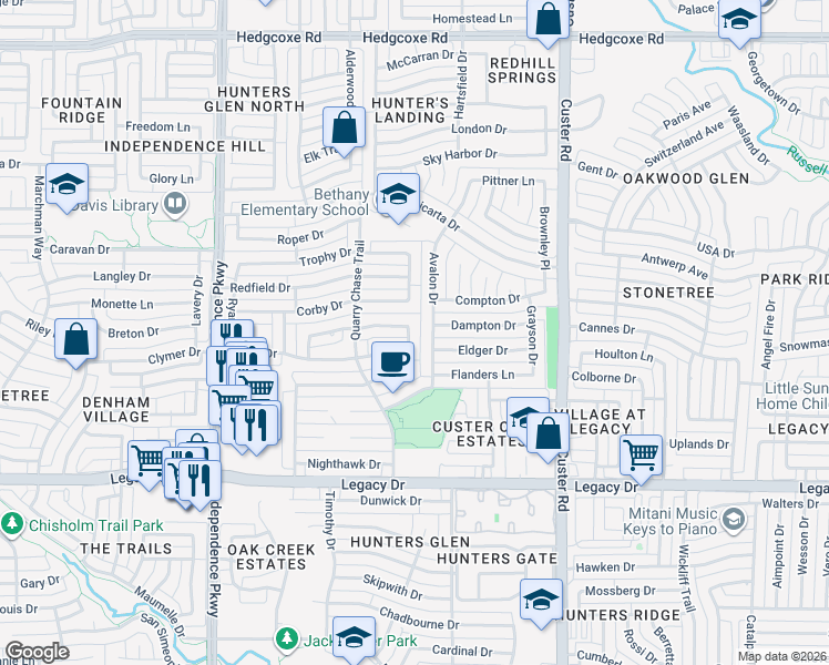 map of restaurants, bars, coffee shops, grocery stores, and more near 7308 Blazer Drive in Plano