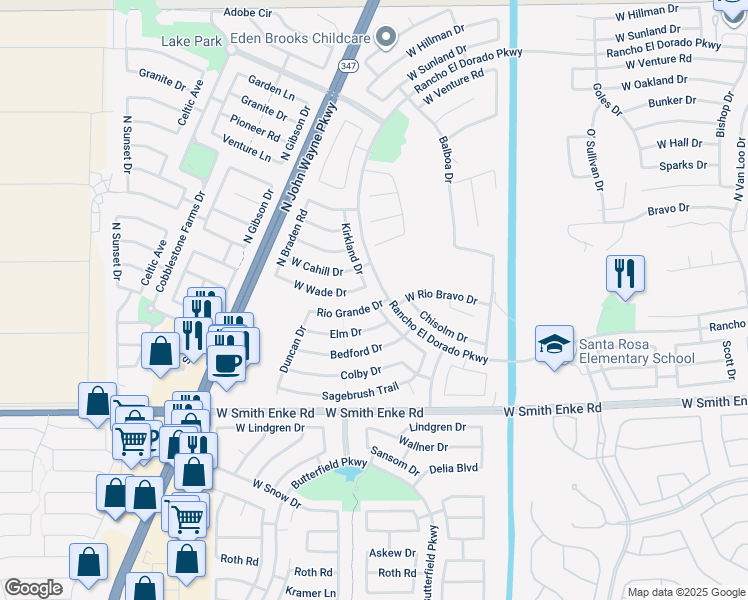 map of restaurants, bars, coffee shops, grocery stores, and more near 43616 Rio Grande Drive in Maricopa