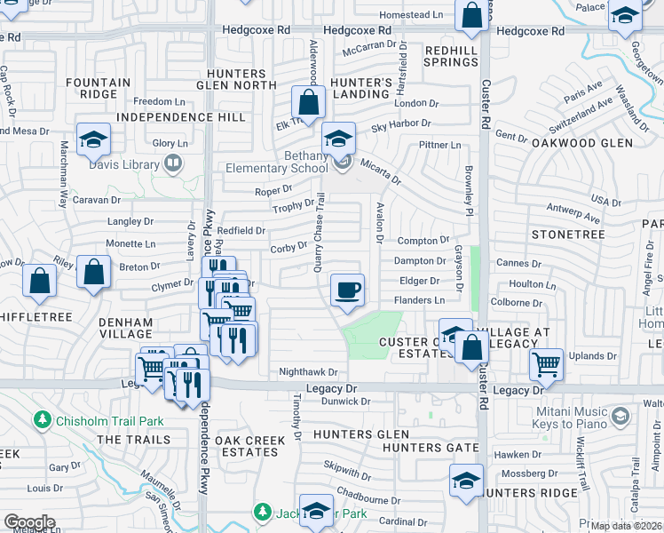 map of restaurants, bars, coffee shops, grocery stores, and more near 2416 Beaver Bend Drive in Plano