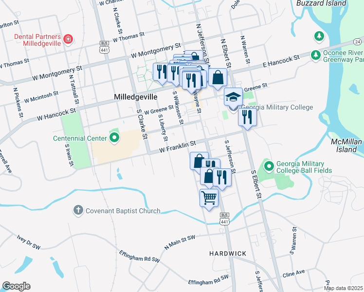 map of restaurants, bars, coffee shops, grocery stores, and more near 406 South Wilkinson Street in Milledgeville