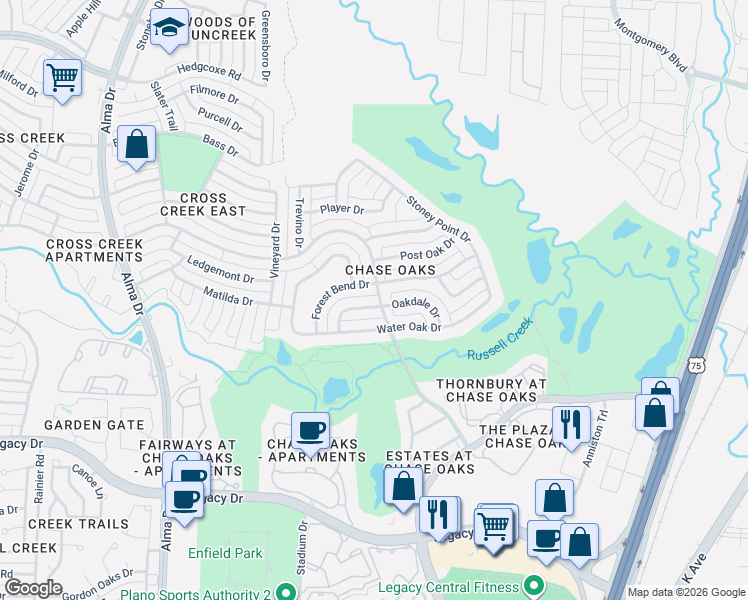 map of restaurants, bars, coffee shops, grocery stores, and more near 701 Pine Lakes Drive in Plano