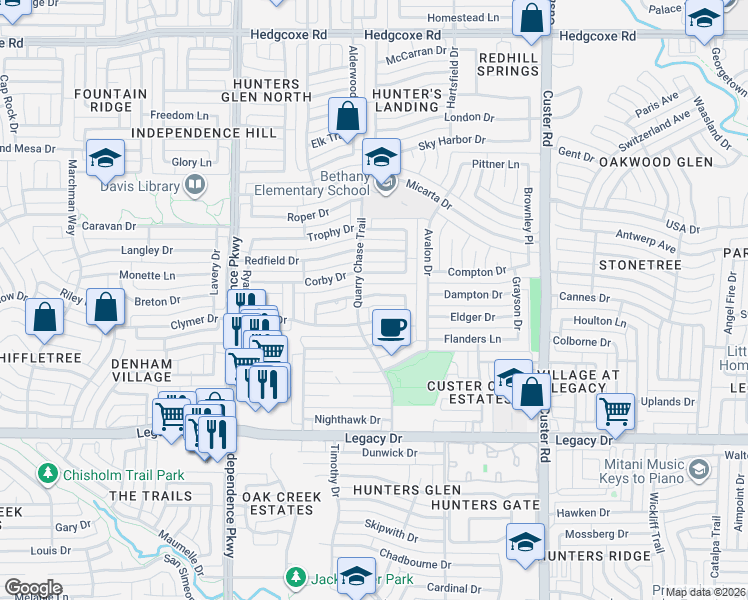 map of restaurants, bars, coffee shops, grocery stores, and more near 2416 Beaver Bend Drive in Plano