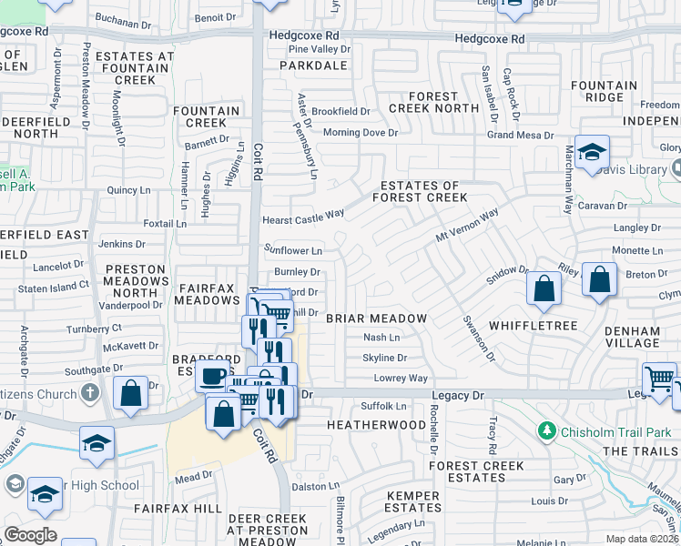map of restaurants, bars, coffee shops, grocery stores, and more near 7409 Ridgemoor Lane in Plano