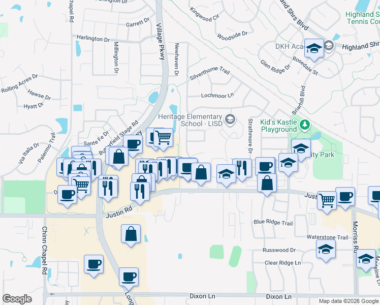 map of restaurants, bars, coffee shops, grocery stores, and more near 905 Heatherglen Court in Highland Village