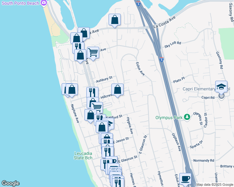 map of restaurants, bars, coffee shops, grocery stores, and more near 260 Hillcrest Drive in Encinitas