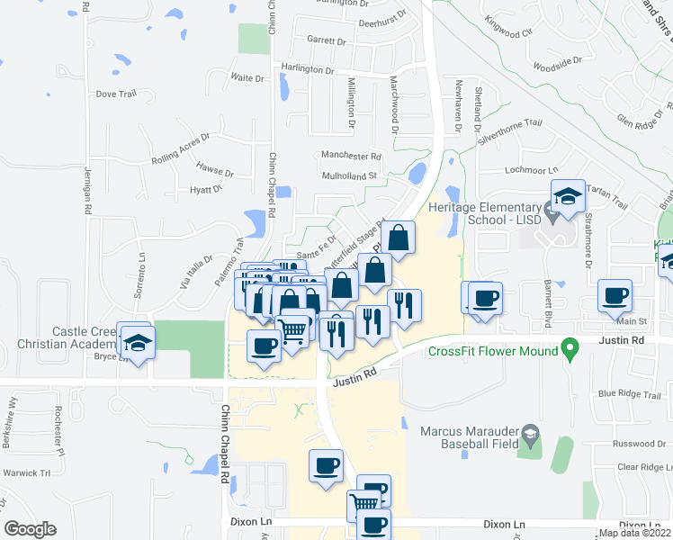 map of restaurants, bars, coffee shops, grocery stores, and more near 2824 Butterfield Stage Road in Lewisville