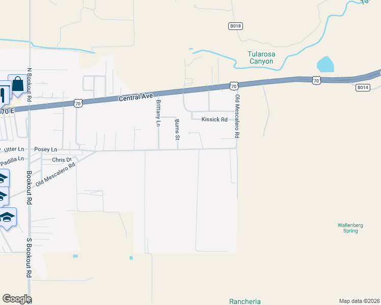 map of restaurants, bars, coffee shops, grocery stores, and more near 1410 Old Mescalero Road in Tularosa