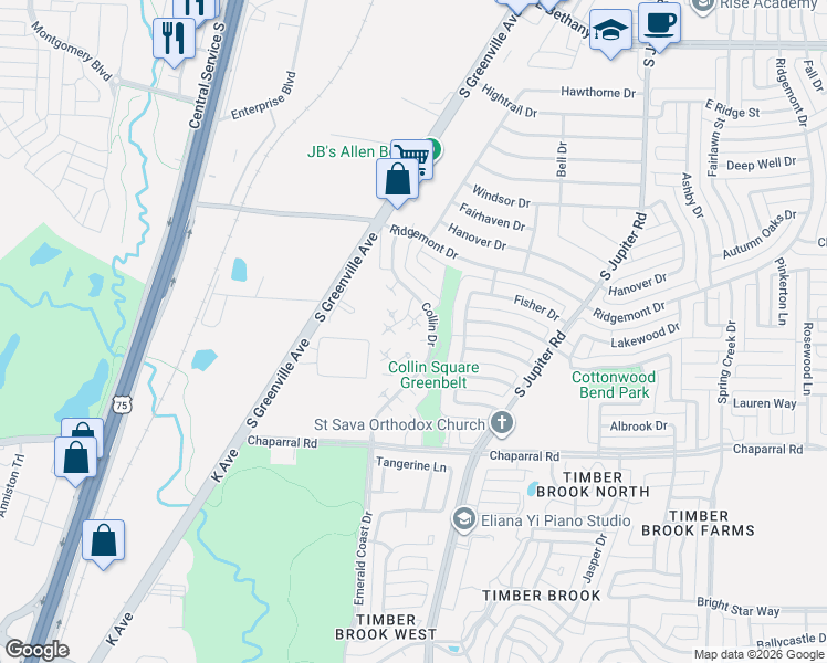 map of restaurants, bars, coffee shops, grocery stores, and more near 25 Brewster Court in Allen