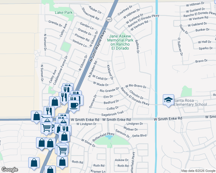 map of restaurants, bars, coffee shops, grocery stores, and more near 43727 West Wade Drive in Maricopa