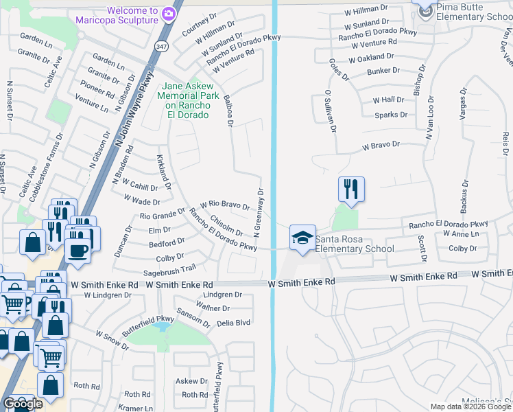 map of restaurants, bars, coffee shops, grocery stores, and more near 43202 West Rio Bravo Drive in Maricopa