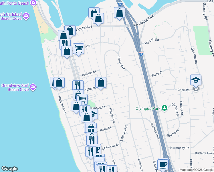 map of restaurants, bars, coffee shops, grocery stores, and more near 277 Hillcrest Drive in Encinitas