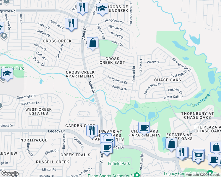 map of restaurants, bars, coffee shops, grocery stores, and more near 7313 Elizabeth Place in Plano