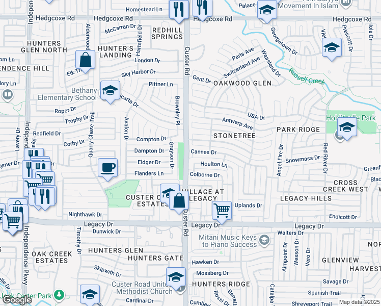 map of restaurants, bars, coffee shops, grocery stores, and more near 2144 Cannes Drive in Plano