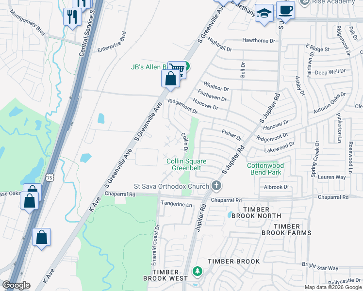 map of restaurants, bars, coffee shops, grocery stores, and more near 27 Brewster Court in Allen
