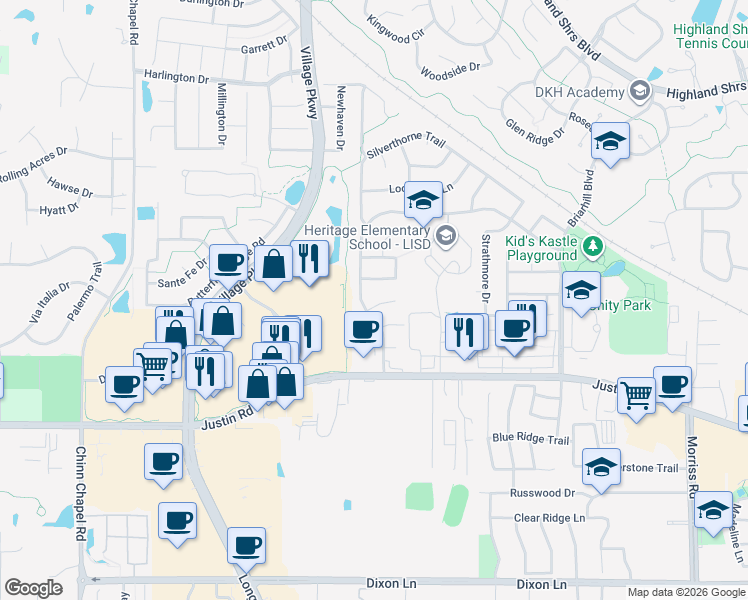 map of restaurants, bars, coffee shops, grocery stores, and more near 905 Heatherglen Court in Highland Village