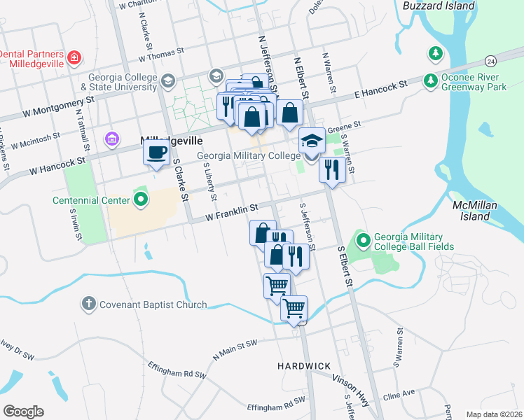 map of restaurants, bars, coffee shops, grocery stores, and more near 425 South Wayne Street in Milledgeville