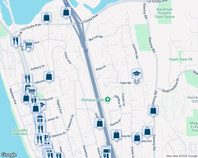map of restaurants, bars, coffee shops, grocery stores, and more near 1502 Christine Place in Encinitas